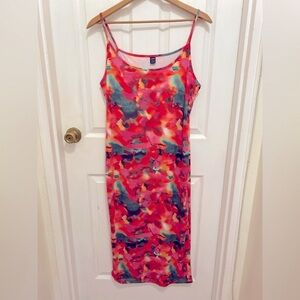 Pink Floral Sundress Vibrant Multicolor w/thin straps. Mid length Sz XL